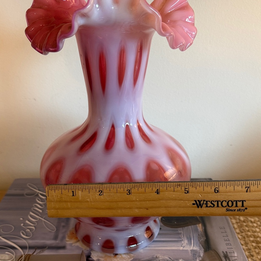Fenton Cranberry Opalescent Coin Dot Ruffled Vase - Picture 4 of 5
